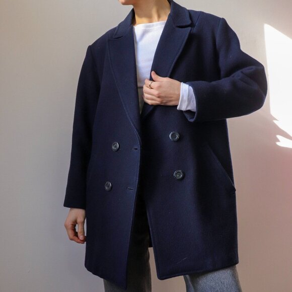 ❄️ 90s Vintage Chic Navy Blue Minimalist Boxy Double-Breasted Pea Coat - Picture 3 of 7
